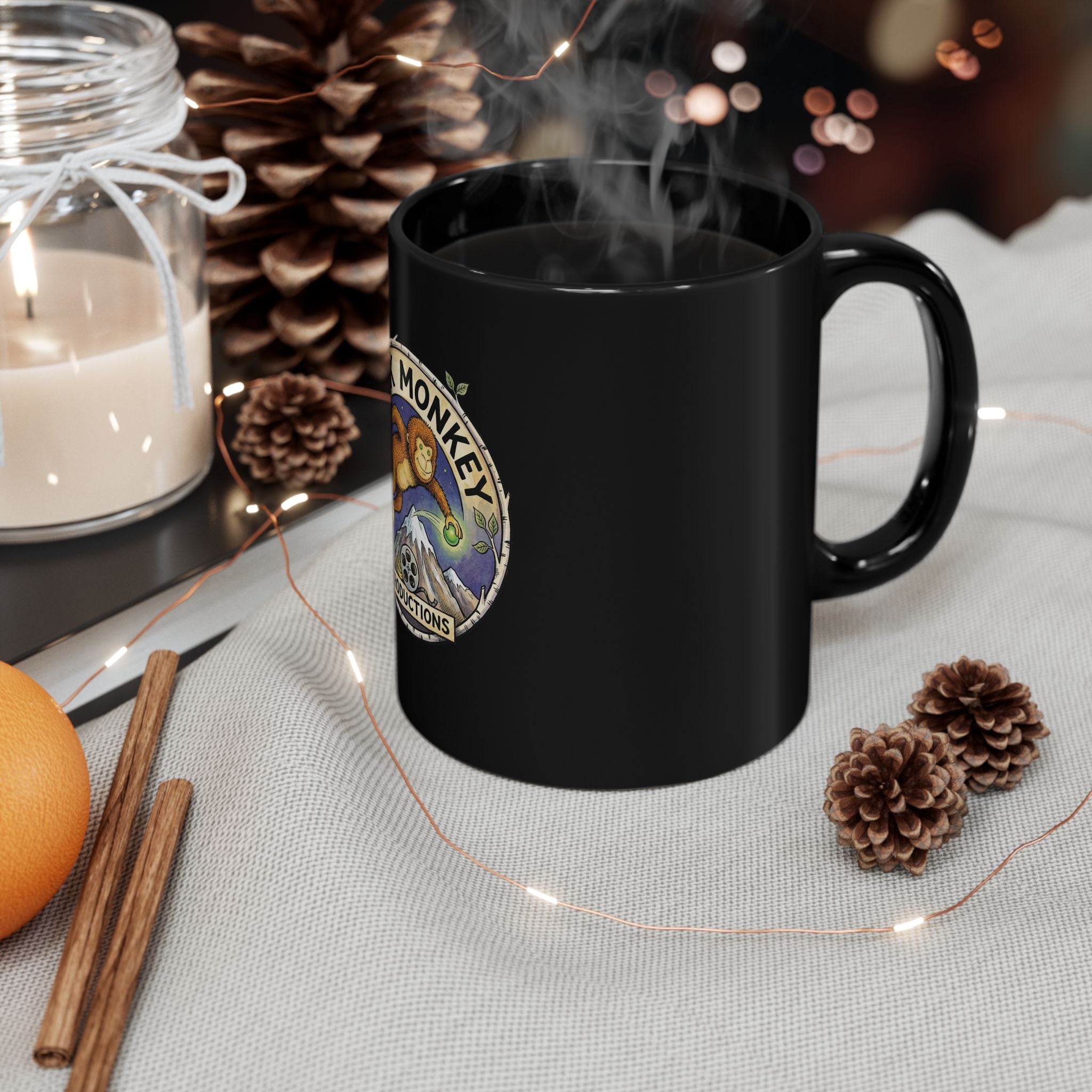 Huck Monkey Productions Mug — Black Ceramic Coffee Cup (11oz/15oz)